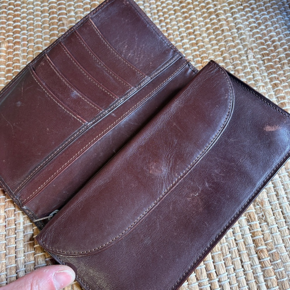 Vintage POLO Ralph Lauren Green Blue Plaid Bifold Leather Wallet With Brown Trim - Picture 8 of 12